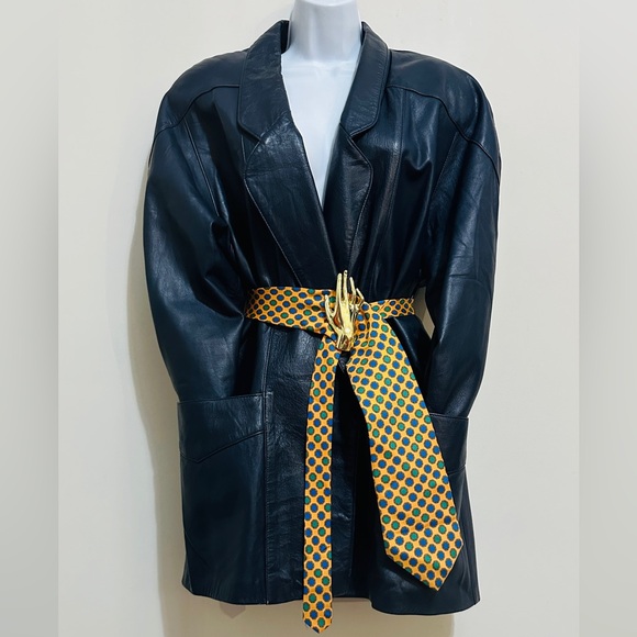 Vintage Genuine Leather Navy Blazer Style Jacket Large Front Pockets Size M - Picture 1 of 13